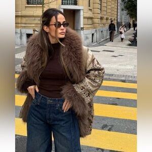 Zara Limited Edition Embroidered Kimono With Faux Fur Collar